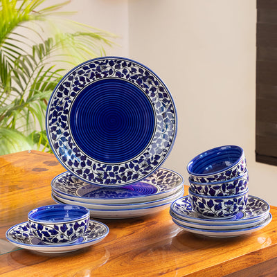 'Badamwari Bagheecha-2' Handpainted Ceramic Dinner Plates With Side/Quarter Plates & Dinner Katoris (12 Pieces, Serving for 4, Microwave Safe)