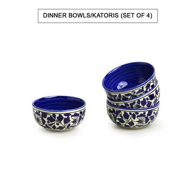 'Badamwari Bagheecha-2' Handpainted Ceramic Dinner Plates With Side/Quarter Plates & Dinner Katoris (12 Pieces, Serving for 4, Microwave Safe)