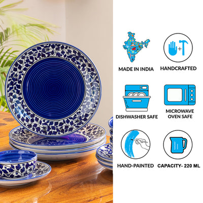 'Badamwari Bagheecha-2' Handpainted Ceramic Dinner Plates With Side/Quarter Plates & Dinner Katoris (12 Pieces, Serving for 4, Microwave Safe)