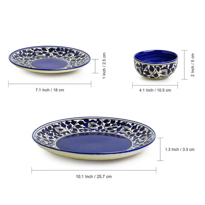 'Badamwari Bagheecha-2' Handpainted Ceramic Dinner Plates With Side/Quarter Plates & Dinner Katoris (12 Pieces, Serving for 4, Microwave Safe)