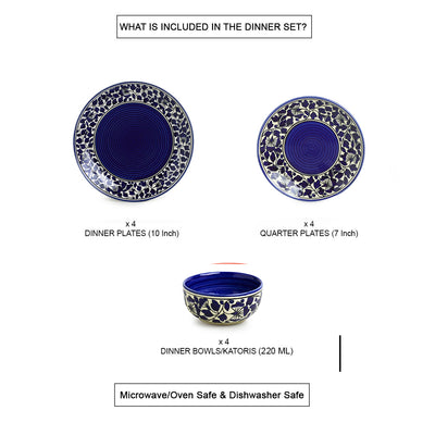 'Badamwari Bagheecha-2' Handpainted Ceramic Dinner Plates With Side/Quarter Plates & Dinner Katoris (12 Pieces, Serving for 4, Microwave Safe)