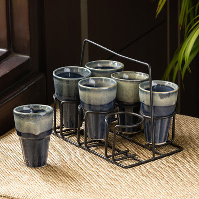 'Buzzing Blues' Tea Chai Glasses In Stoneware With Iron Holder (Set of 6)