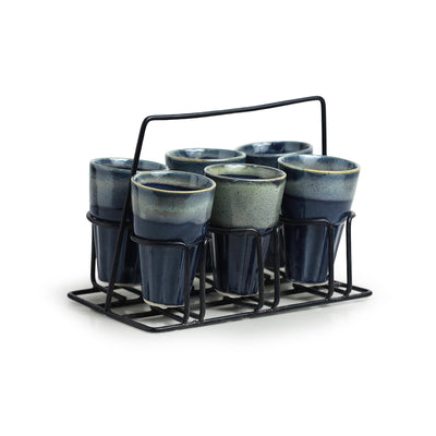'Buzzing Blues' Tea Chai Glasses In Stoneware With Iron Holder (Set of 6)