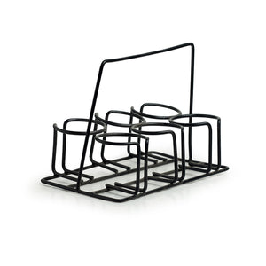 'Buzzing Blues' Tea Chai Glasses In Stoneware With Iron Holder (Set of 6)