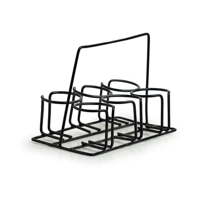 'Buzzing Blues' Tea Chai Glasses In Stoneware With Iron Holder (Set of 6)