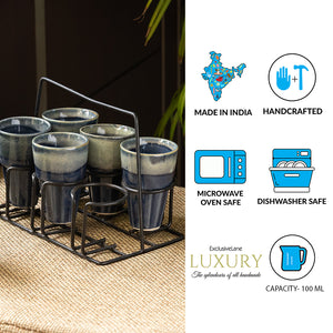 'Buzzing Blues' Tea Chai Glasses In Stoneware With Iron Holder (Set of 6)