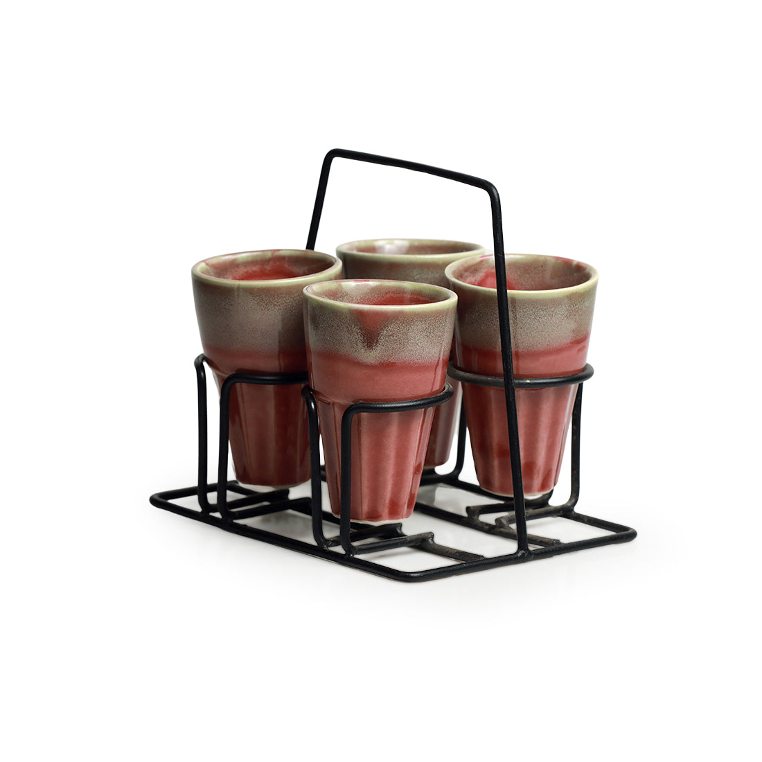 'Peachy Mood' Tea Chai Glasses In Stoneware With Iron Holder (Set of 4)