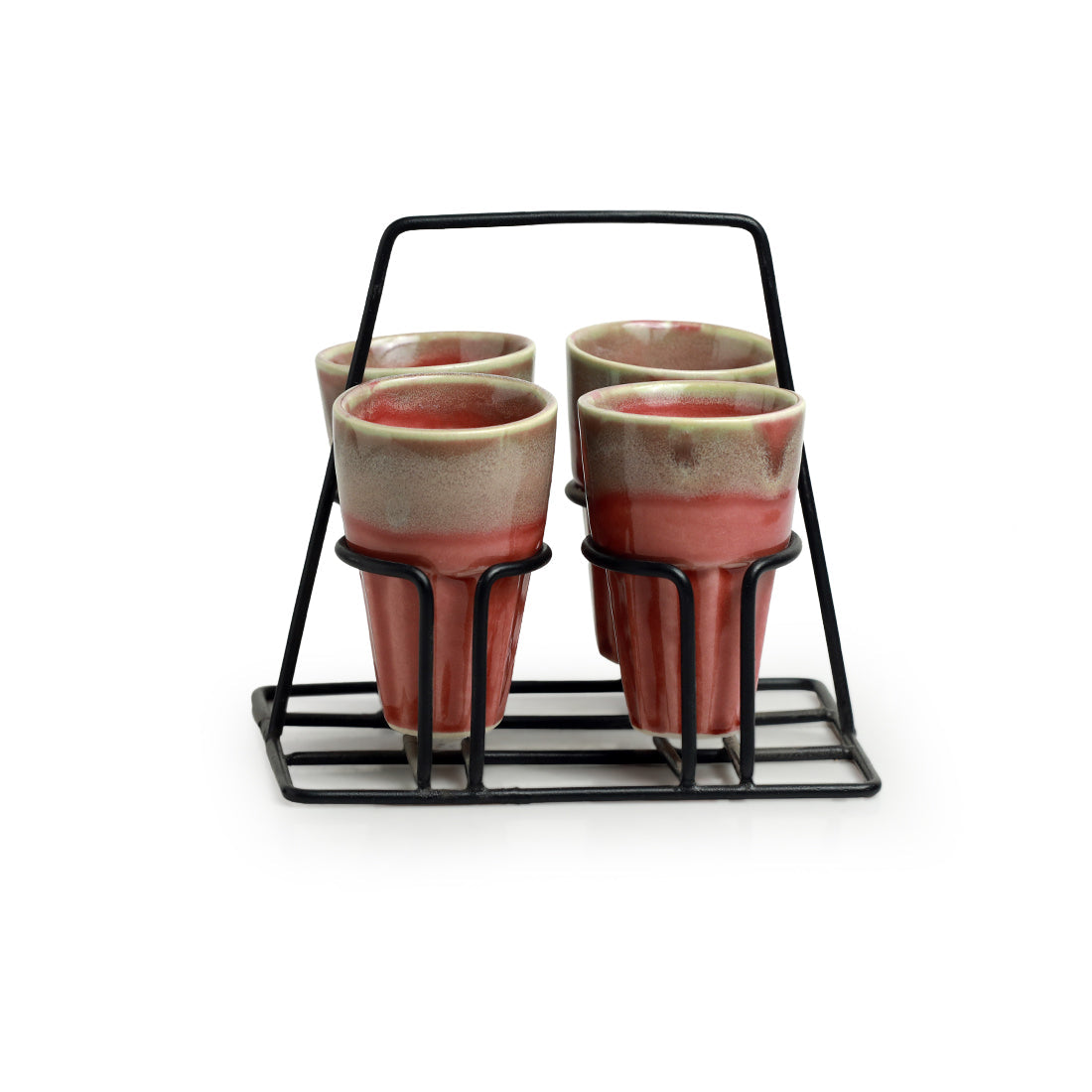 'Peachy Mood' Tea Chai Glasses In Stoneware With Iron Holder (Set of 4)