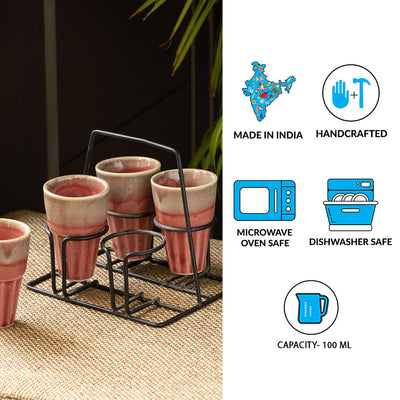 'Peachy Mood' Tea Chai Glasses In Stoneware With Iron Holder (Set of 4)