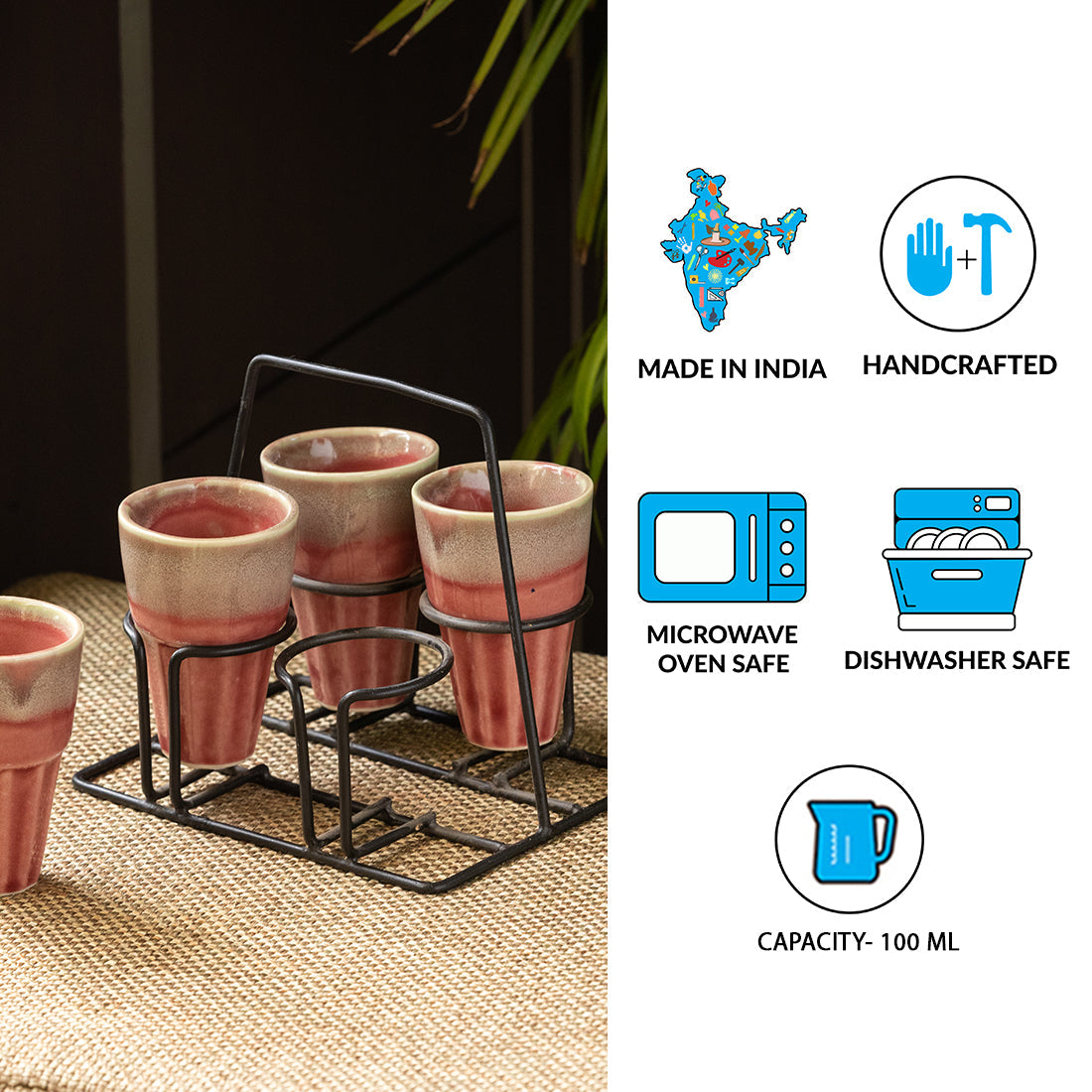 'Peachy Mood' Tea Chai Glasses In Stoneware With Iron Holder (Set of 4)