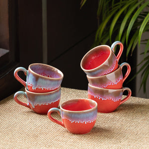'Coral Reef' Tea Cups In Ceramic (Set Of 6, Hand Glazed Studio Pottery, Red & Cyan Blue)