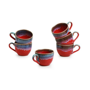'Coral Reef' Tea Cups In Ceramic (Set Of 6, Hand Glazed Studio Pottery, Red & Cyan Blue)