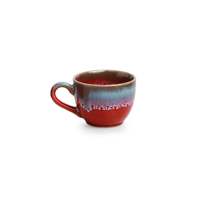 'Coral Reef' Tea Cups In Ceramic (Set Of 6, Hand Glazed Studio Pottery, Red & Cyan Blue)