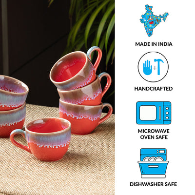 'Coral Reef' Tea Cups In Ceramic (Set Of 6, Hand Glazed Studio Pottery, Red & Cyan Blue)