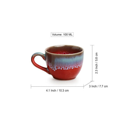 'Coral Reef' Tea Cups In Ceramic (Set Of 6, Hand Glazed Studio Pottery, Red & Cyan Blue)