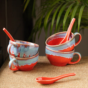 'Coral Reef' Ceramic Handled Soup Bowls With Spoons (Set of 4, 250 ML, Hand Glazed Studio Pottery, Microwave Safe)