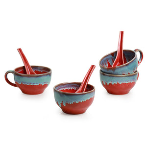 'Coral Reef' Ceramic Handled Soup Bowls With Spoons (Set of 4, 250 ML, Hand Glazed Studio Pottery, Microwave Safe)