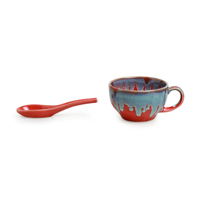 'Coral Reef' Ceramic Handled Soup Bowls With Spoons (Set of 4, 250 ML, Hand Glazed Studio Pottery, Microwave Safe)