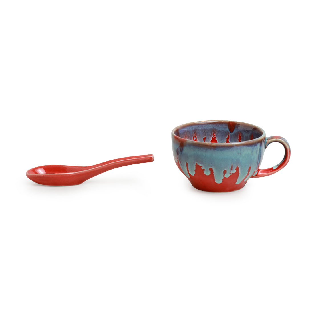 'Coral Reef' Ceramic Handled Soup Bowls With Spoons (Set of 4, 250 ML, Hand Glazed Studio Pottery, Microwave Safe)