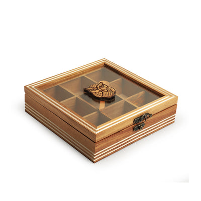 'Mystic Owl' Hand-Engraved Spice Box With Spoon In Teak Wood (9 Fixed Partitions, 110 ml)
