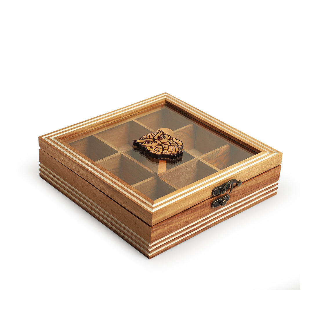 'Mystic Owl' Hand-Engraved Spice Box With Spoon In Teak Wood (9 Fixed Partitions, 110 ml)