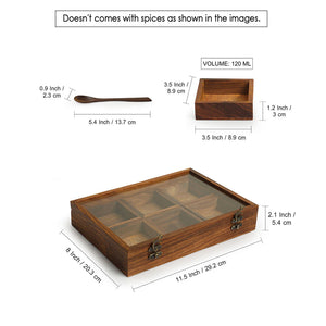 'Masala Blends' Handcrafted Spice Box With Spoon In Sheesham Wood (6 Large Containers, 120 ml)