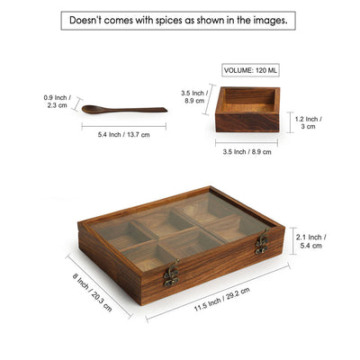 'Masala Blends' Handcrafted Spice Box With Spoon In Sheesham Wood (6 Large Containers, 120 ml)
