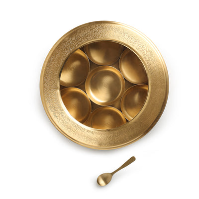 'Floral Hand-Etched' Spice Box With Spoon In Brass (7 Containers, 100 ml)