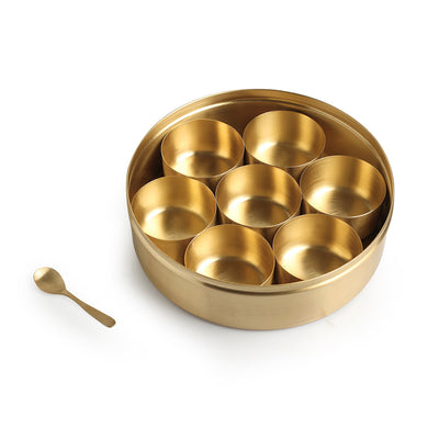 'Floral Hand-Etched' Spice Box With Spoon In Brass (7 Containers, 100 ml)