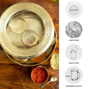'Floral Hand-Etched' Spice Box With Spoon In Brass (7 Containers, 100 ml)