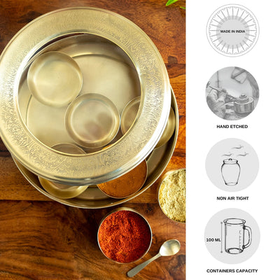 'Floral Hand-Etched' Spice Box With Spoon In Brass (7 Containers, 100 ml)