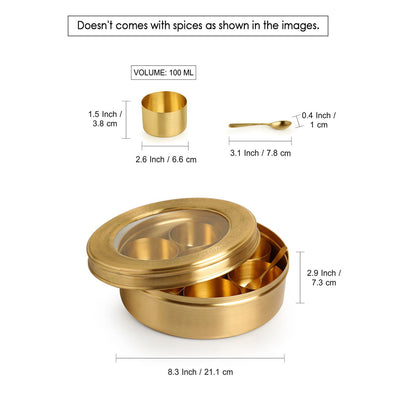 'Floral Hand-Etched' Spice Box With Spoon In Brass (7 Containers, 100 ml)