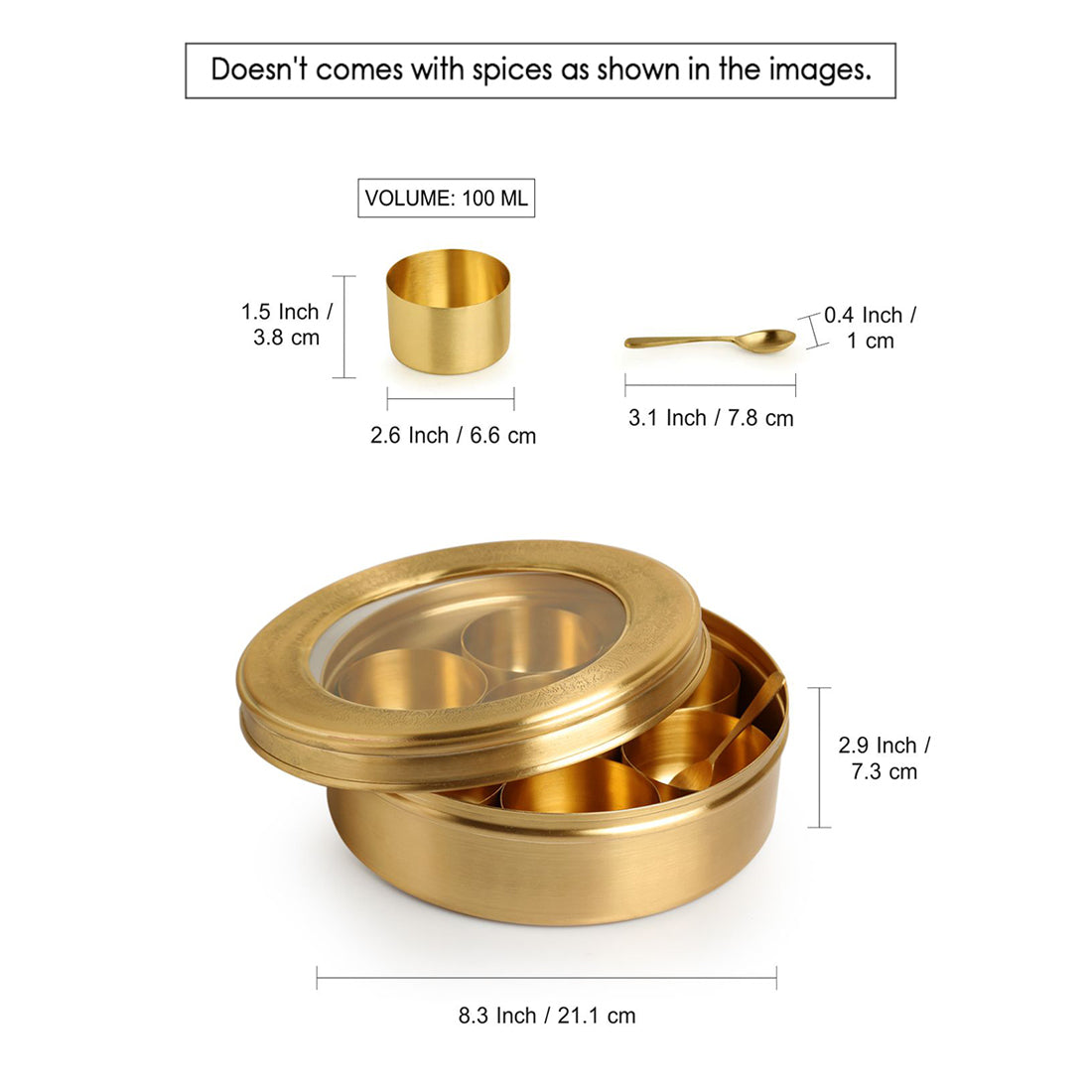'Floral Hand-Etched' Spice Box With Spoon In Brass (7 Containers, 100 ml)