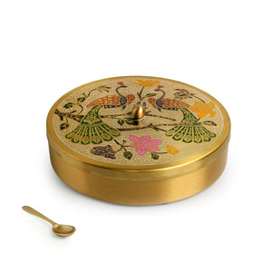 'Peacock Hand-Etched' Handpainted Spice Box With Spoon In Brass (7 Containers, 110 ml)