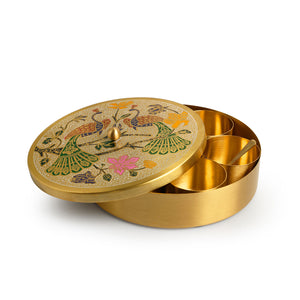 'Peacock Hand-Etched' Handpainted Spice Box With Spoon In Brass (7 Containers, 110 ml)