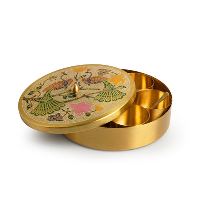 'Peacock Hand-Etched' Handpainted Spice Box With Spoon In Brass (7 Containers, 110 ml)