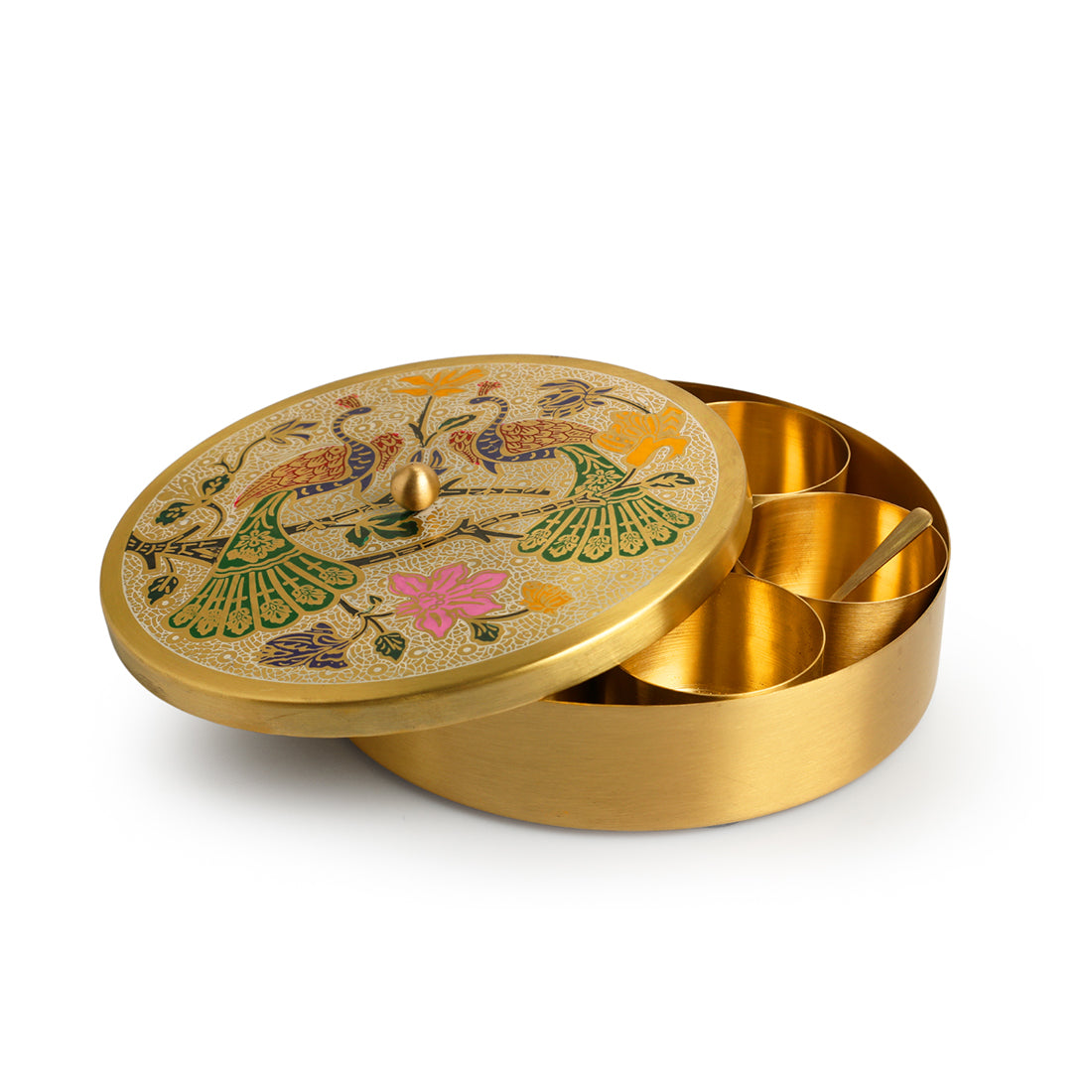 'Peacock Hand-Etched' Handpainted Spice Box With Spoon In Brass (7 Containers, 110 ml)