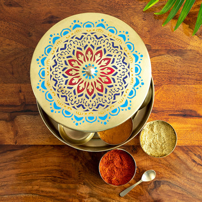 'Moroccan Hand-Etched' Handpainted Spice Box With Spoon In Brass (7 Containers, 110 ml)