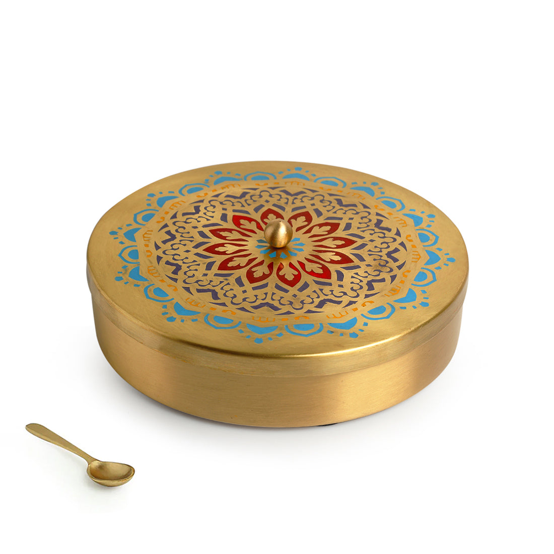 'Moroccan Hand-Etched' Handpainted Spice Box With Spoon In Brass (7 Containers, 110 ml)