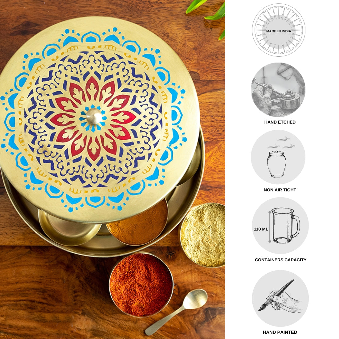 'Moroccan Hand-Etched' Handpainted Spice Box With Spoon In Brass (7 Containers, 110 ml)