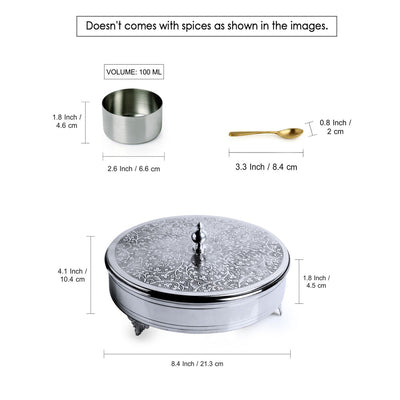 'Floral Hand-Etched' Spice Box With Spoon In Stainless Steel (7 Containers, 100 ml)