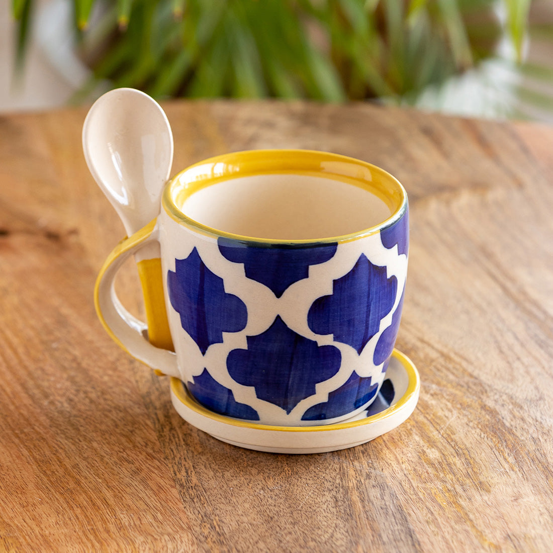 Blue - 'Moroccan' Hand-Painted Ceramic Soup & Coffee Mug With Coaster And Spoon (300 ml)