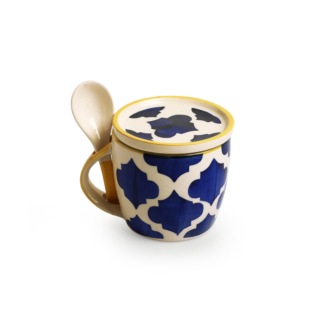 Blue - 'Moroccan' Hand-Painted Ceramic Soup & Coffee Mug With Coaster And Spoon (300 ml)