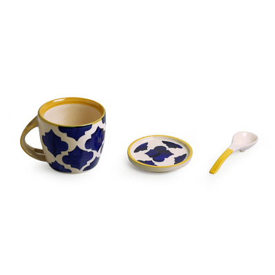 Blue - 'Moroccan' Hand-Painted Ceramic Soup & Coffee Mug With Coaster And Spoon (300 ml)