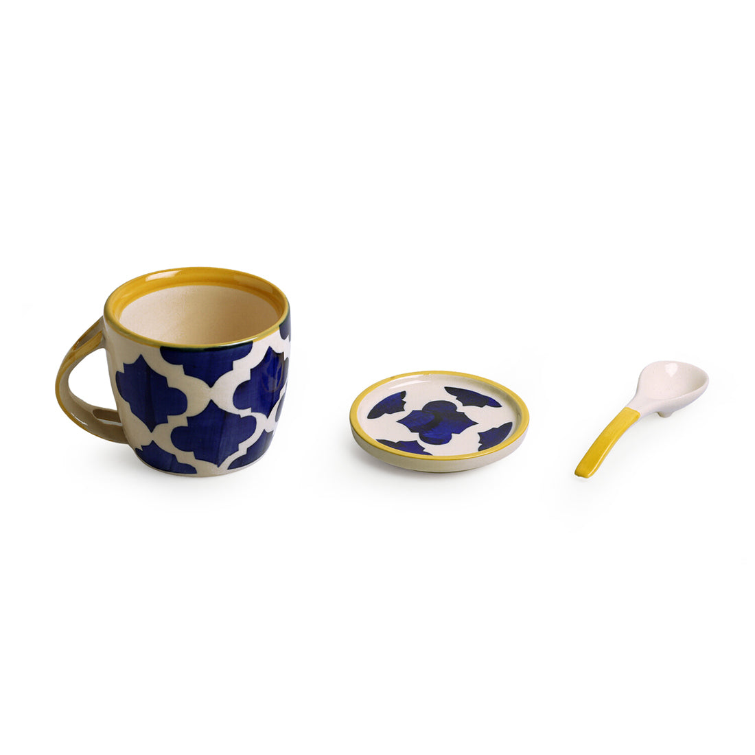 Blue - 'Moroccan' Hand-Painted Ceramic Soup & Coffee Mug With Coaster And Spoon (300 ml)