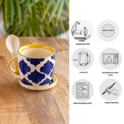 Blue - 'Moroccan' Hand-Painted Ceramic Soup & Coffee Mug With Coaster And Spoon (300 ml)