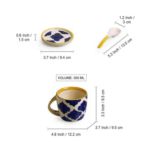 Blue - 'Moroccan' Hand-Painted Ceramic Soup & Coffee Mug With Coaster And Spoon (300 ml)