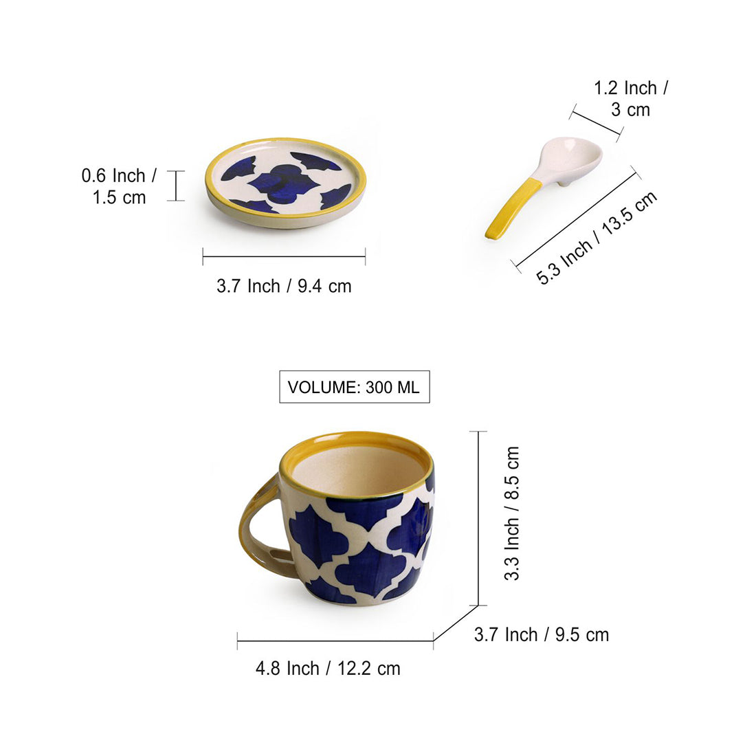 Blue - 'Moroccan' Hand-Painted Ceramic Soup & Coffee Mug With Coaster And Spoon (300 ml)