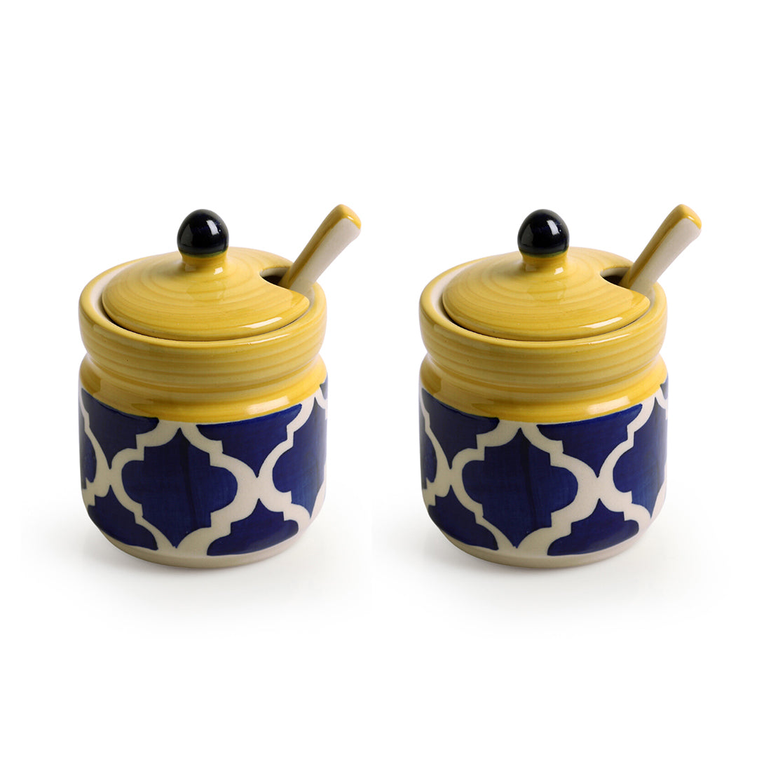 'Moroccan' Handpainted Ceramic Pickle & Chutney Jars With Spoons (Set Of 2)
