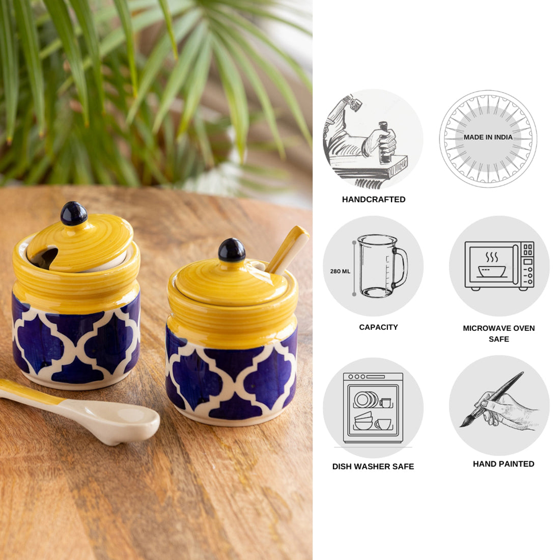 'Moroccan' Handpainted Ceramic Pickle & Chutney Jars With Spoons (Set Of 2)